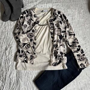 EUC!🥰 Charter Club Cream Floral-Print Open Cardigan with Taupe Accents✨